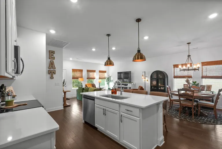 Kitchen, dining, and living area